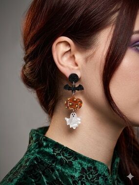 Halloween Stacked Earrings | Bat Pumpkin Ghost Acrylic Dangles